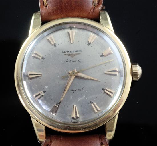A gentlemans 1950s/1960s 18ct gold Longines Conquest automatic wrist watch,